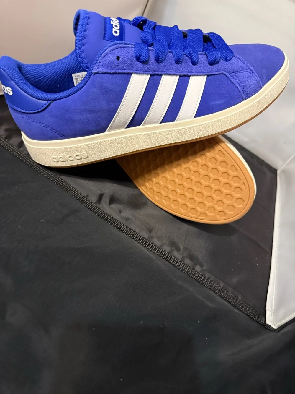 Adidas Grand Court Base O0s Blue Suede Low-Top Sneakers with White Stripes
